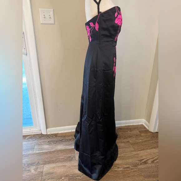 Jovani elegant black strapless maxi dress pink floral beaded split hem SZ 8 - Picture 2 of 14